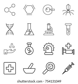 thin line icon set : molecule, hex, cell corection, virus, dna, flask, microscope, vial, chemical industry, alarm, hospital, first aid, mortar, viruses, syringe