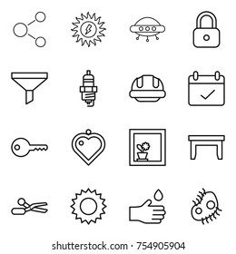 thin line icon set : molecule, sun power, ufo, lock, funnel, spark plug, building helmet, terms, key, heart pendant, flower in window, table, scissors, hand drop, microb