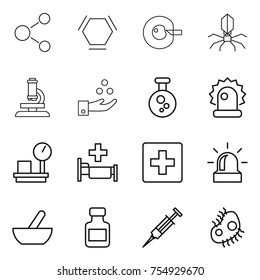 thin line icon set : molecule, hex, cell corection, virus, microscope, chemical industry, alarm, warehouse scales, hospital, first aid, mortar, pills bottle, syringe, microb