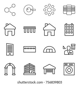 Thin line icon set : molecule, cell corection, round around, server, home, bridge, building, skyscraper, bunker, hangare, architector, arch, office, garage, washing machine