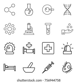 Thin line icon set : molecule, round flask, cell corection, dna, around, microscope, vial, chemical industry, alarm, hospital, first aid, bed, mortar, syringe, microb