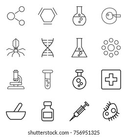 Thin line icon set : molecule, hex, round flask, cell corection, virus, dna, around, microscope, vial, chemical, first aid, mortar, pills bottle, syringe, microb