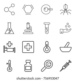 Thin line icon set : molecule, hex, cell corection, virus, flask, microscope, vial, chemical industry, hospital, first aid, thermometer, mortar, pills bottle, viruses, syringe