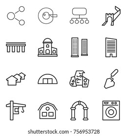 Thin line icon set : molecule, cell corection, structure, greate wall, bridge, mansion, skyscrapers, skyscraper, houses, hangare, modern architecture, construction, tower crane, house, arch