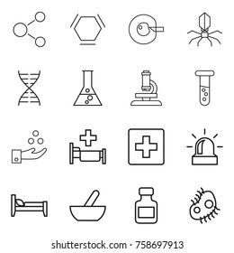 Thin line icon set : molecule, hex, cell correction, virus, dna, flask, microscope, vial, chemical industry, hospital, first aid, alarm, bed, mortar, pills bottle, microbe