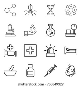 Thin line icon set : molecule, virus, dna, round around, microscope, chemical industry, warehouse scales, hospital, first aid, alarm, bed, mortar, pills bottle, syringe, microb