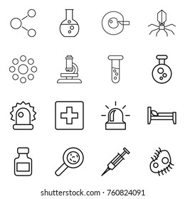 Thin line icon set : molecule, round flask, cell corection, virus, around, microscope, vial, chemical, alarm, first aid, bed, pills bottle, viruses, syringe, microb