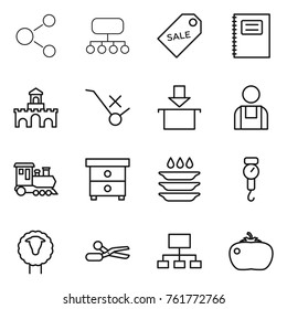 Thin line icon set : molecule, structure, sale label, copybook, fort, do not trolley sign, package, workman, train, nightstand, plate washing, handle scales, sheep, scissors, hierarchy, tomato
