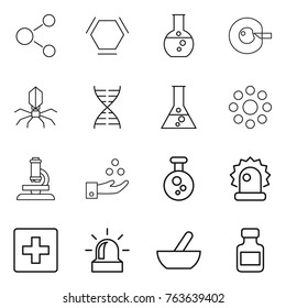 Thin line icon set : molecule, hex, round flask, cell corection, virus, dna, around, microscope, chemical industry, alarm, first aid, mortar, pills bottle
