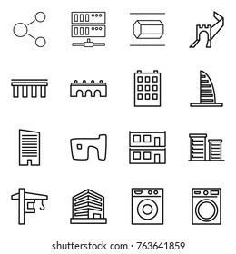Thin line icon set : molecule, server, nano tube, greate wall, bridge, building, skyscraper, slum, modular house, district, tower crane, office, washing machine