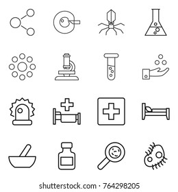 Thin line icon set : molecule, cell corection, virus, flask, round around, microscope, vial, chemical industry, alarm, hospital, first aid, bed, mortar, pills bottle, viruses, microb