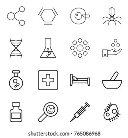Thin line icon set : molecule, hex, cell corection, virus, dna, flask, round around, chemical industry, first aid, bed, mortar, pills bottle, viruses, syringe, microb