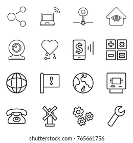 Thin line icon set : molecule, notebook wireless, laser, home, web cam, cardio chip, mobile pay, calculator, globe, important flag, earth, atm, phone, windmill, gears, wrench