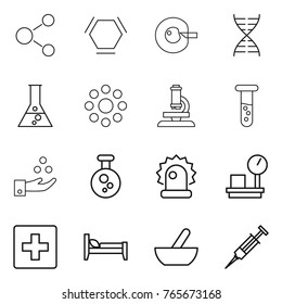 Thin line icon set : molecule, hex, cell corection, dna, flask, round around, microscope, vial, chemical industry, alarm, warehouse scales, first aid, bed, mortar, syringe
