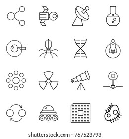 Thin line icon set : molecule, satellite, antenna, round flask, cell corection, virus, dna, rocket, around, nuclear, telescope, laser, quantum bond, lunar rover, cpu, microb