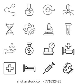 Thin line icon set : molecule, round flask, cell corection, virus, dna, around, microscope, vial, chemical industry, warehouse scales, hospital, first aid, bed, syringe, microb