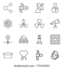 Thin line icon set : molecule, satellite, antenna, round flask, atom, virus, nuclear, telescope, laser, lunar rover, dna modify, cpu, electrostatic, cardio chip, microb