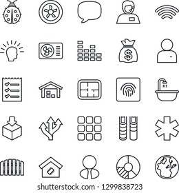 Thin Line Icon Set - money bag vector, circle chart, lady bug, ambulance star, route, support, package, equalizer, menu, message, user, wireless, fingerprint id, checklist, book, warehouse, fence