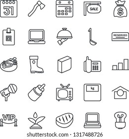 Thin Line Icon Set - money bag vector, boot, axe, scales, office phone, warehouse storage, route, microphone, laptop pc, rca, calendar, bar graph, identity card, blank box, notebook, sale, tv, steak