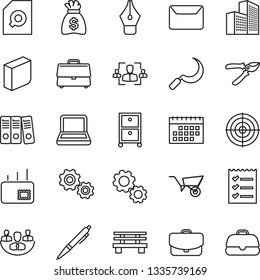 Thin Line Icon Set - money bag vector, wheelbarrow, pruner, sickle, bench, calendar, case, company, office building, document search, hr, ink pen, blank box, checklist, paper binder, target, archive