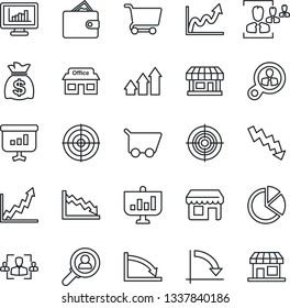 Thin Line Icon Set - money bag vector, crisis graph, store, monitor statistics, pie, hr, target, consumer search, arrow up, wallet, growth, cart, presentation, storefront