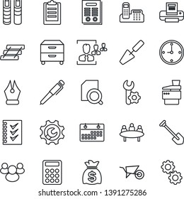 Thin Line Icon Set - money bag vector, meeting, job, trowel, wheelbarrow, group, root setup, clipboard, calendar, clock, document search, hr, calculator, ink pen, office phone, checklist, printer