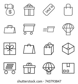 thin line icon set : money gift, sale, shopping bag, delivery, parachute, box, hi quality package