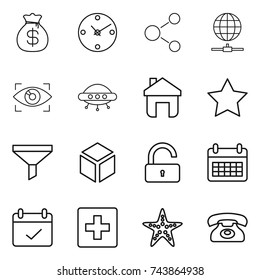 thin line icon set : money bag, clock, molecule, globe connect, eye identity, ufo, home, star, funnel, 3d, unlock, calendar, terms, first aid, starfish, phone