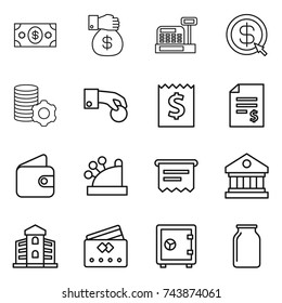 thin line icon set : money, gift, cashbox, dollar arrow, virtual mining, hand coin, receipt, account balance, wallet, atm, library, building, credit card, safe, bank
