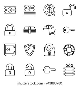 thin line icon set : money, dollar arrow, unlock, lock, lounger, key, safe, shield, life vest, lifebuoy, locked, unlocked, plate washing