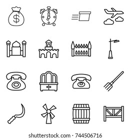 thin line icon set : money bag, alarm clock, delivery, journey, minaret, fort, gothic architecture, outdoor light, phone, dresser, fork, sickle, windmill, barrel, farm fence