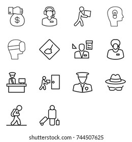 thin line icon set : money gift, call center, courier, bulb head, virtual mask, under construction, architector, support manager, customs control, delivery, security man, confidential, tourist