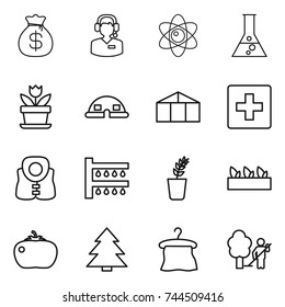 thin line icon set : money bag, call center, atom, flask, flower, dome house, greenhouse, first aid, life vest, watering, seedling, tomato, spruce, hanger, garden cleaning