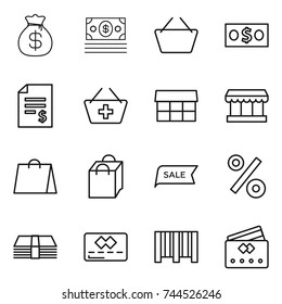 thin line icon set : money bag, basket, account balance, add to, market, shopping, sale, percent, credit card, bar code