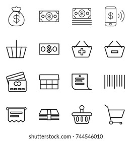 thin line icon set : money bag, phone pay, basket, add to, remove from, credit card, market, shopping list, bar code, atm receipt, cart
