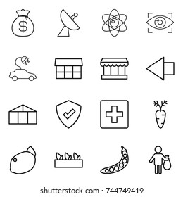 thin line icon set : money bag, satellite antenna, atom, eye identity, electric car, market, left arrow, greenhouse, protected, first aid, carrot, lemon, seedling, peas, trash