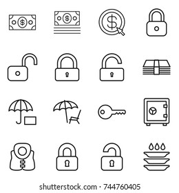 thin line icon set : money, dollar arrow, lock, unlock, insurance, lounger, key, safe, life vest, locked, unlocked, plate washing