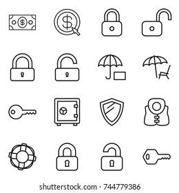 thin line icon set : money, dollar arrow, lock, unlock, insurance, lounger, key, safe, shield, life vest, lifebuoy, locked, unlocked