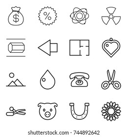 thin line icon set : money bag, percent, atom, nuclear, nano tube, left arrow, plan, heart pendant, landscape, drop, phone, scissors, pig, horseshoe, flower