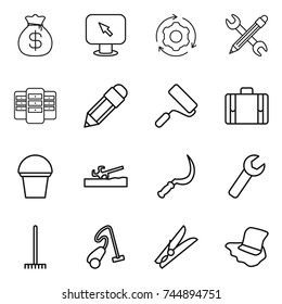 thin line icon set : money bag, monitor arrow, around gear, pencil wrench, server, repair, suitcase, bucket, soil cutter, sickle, rake, vacuum cleaner, clothespin, floor washing