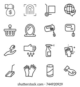 thin line icon set : money gift, fingerprint, cargo stoller, delivery, basket, mirror, mixer, hand leaf, sow, sprayer, wiping, scoop, gloves, cleanser powder