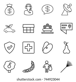 thin line icon set : money bag, call center, message, satellite antenna, eco car, market, flower bed, location details, protected, first aid, beans, pear, garden, peas, trash, rake