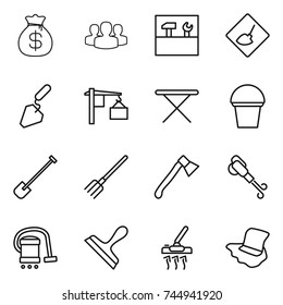 thin line icon set : money bag, group, tools, under construction, loading, iron board, bucket, shovel, fork, axe, blower, vacuum cleaner, scraper, floor washing