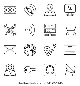 thin line icon set : money, call, woman, monitor arrow, pencil wrench, wireless, server, cart, mail, globe, route, invoice, map, key, ring button, satellite antenna