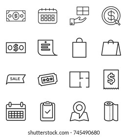 thin line icon set : money, calendar, gift, dollar arrow, shopping list, bag, sale, ticket, plan, tax, clipboard check, map, paper towel