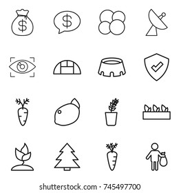 thin line icon set : money bag, message, atom core, satellite antenna, eye identity, greenhouse, stadium, protected, carrot, lemon, seedling, sprouting, spruce, trash