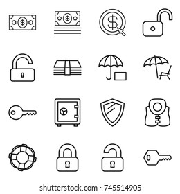 thin line icon set : money, dollar arrow, unlock, lounger, key, safe, shield, life vest, lifebuoy, locked, unlocked