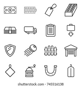 thin line icon set : money, battery, label, brick, shipping, clipboard, baggage get, shield, jellyfish, fence, garage, rag, hand mill, horseshoe, dry wash