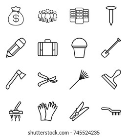 thin line icon set : money bag, team, server, nail, pencil, suitcase, bucket, shovel, axe, pruner, rake, scraper, vacuum cleaner, gloves, clothespin, brush