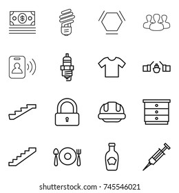 thin line icon set : money, bulb, hex molecule, group, pass card, spark plug, t shirt, drawbridge, stairs, lock, building helmet, chest of drawers, fork spoon plate, ketchup, syringe